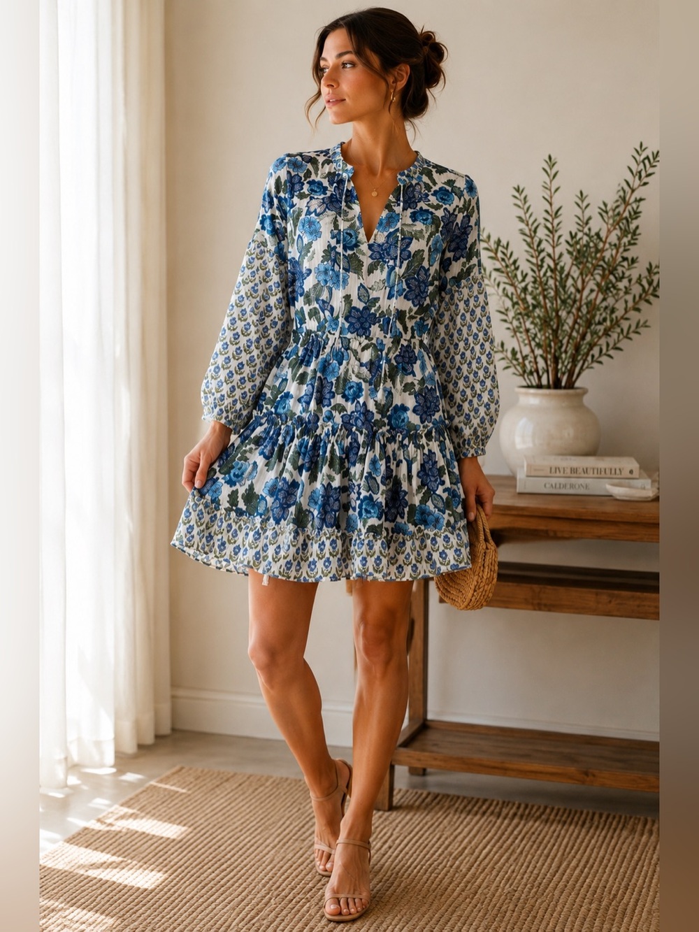 MISA Los Angeles Blue Floral Ruffle Mini Dress XS Metallic Boho